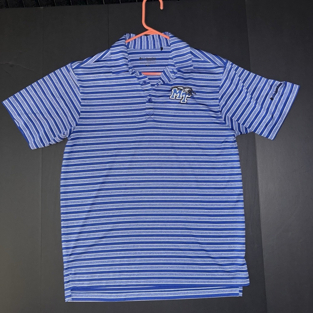 Men's Medium Columbia MTSU Golf Striped Polo Shirt Blue White Logo Short Sleeve